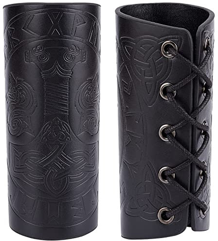 GORGECRAFT 2PCS Brazalete de Cuero Brazaletes de Armadura Medieval Patrón de Martillo Muñequeras Guardias Brazo Guardia Hebilla de Tiro con Arco Brazales Unisex Puños de Cuero Brazalete(Negro)