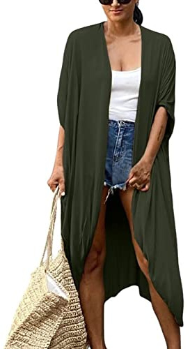 Bsubseach Mujeres Larga Playa Traje de baño Cover Ups para Bañador Sexy Bikini Playa Kimono Cardigan Verde militar