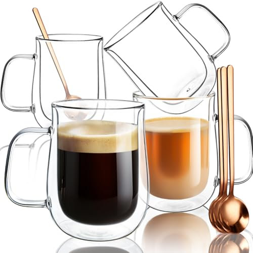 4x470ml Double Walled Glass Coffee Mugs with Handles - Glass Coffee and Tea Cups with Spoons for Hot Drinks, Cappuccino, Latte