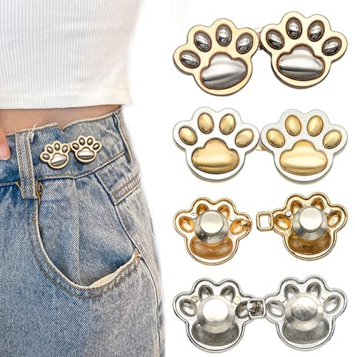 Mezrkuwr 4 Paare Katzenpfoten Muster Jeans Knopfnadeln, Verstellbare Taillenschnallen Jean Knopfnadeln, Hosen Enger Machen Clip, Niedlich Hosenknopf Zum