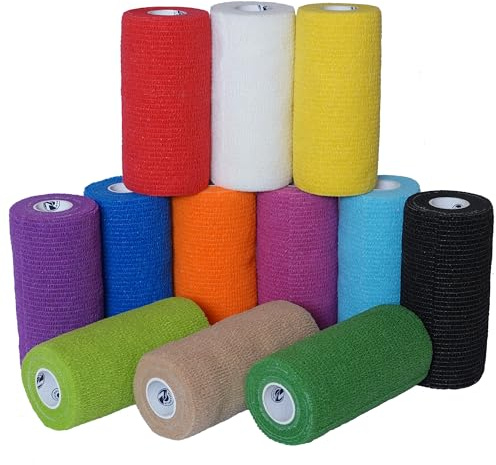 4 Inch - 12 Rolls Self Adhesive Bandage Wrap Vet Wrap for Dogs - Wrap Tape Athletic Cohesive Bandage for Sports Injury, Strain, Knee&Wrist, Ankle Sprains. First Aid Non-Woven Bandages