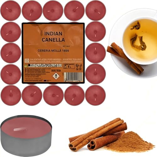 Sicignano | Lumino Candele Profumate Cera Tea Light Indian Canella Confezione 25 Pezzi, Dimensione 3.8x1.9h cm, Durata 4 ore, Utili per Decorazioni Casa Cena Atmosfera