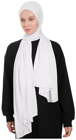 Jersey Hijab Scarf for Women – White Jersey Hijab Scarf Muslim Headscarf – Long Muslim Accessories Headscarf Shawl - Islamic Hajib Headwrap Fashion Scarves Solid Color - Ramadan Head Wrap (White)