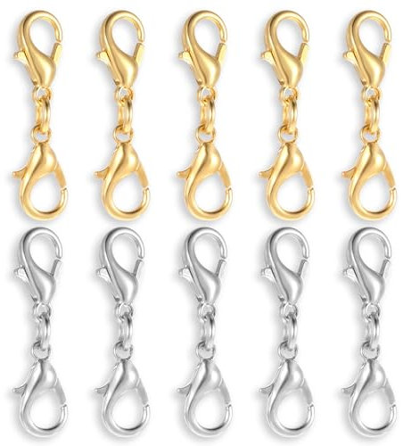 10 unidades de cierre de mosquetón de doble apertura, extensión de cadena, conector de pulsera, alargador de collar, acortador, hebilla para manualidades, joyas, pulseras, collares, plata y oro