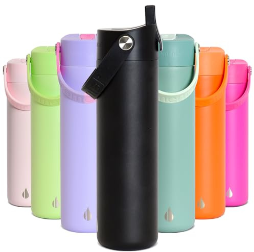Elemental Insulated Kids Water Bottle, Stainless Steel Water Bottle with Straw Lid & Pop-It Handle, Leak-Proof Water Bottles for School, Boys or Girls, Travelling and Sports, 709ml - Black
