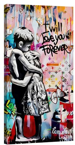 canvashop Quadro Banksy Love you forever 60x30 cm Quadri Moderni Soggiorno pop art Bambini Abbraccio street art graffiti Stampe da parete Su Tela canvas