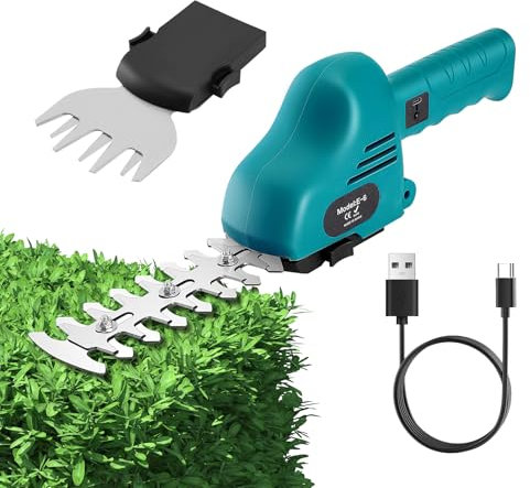 Cordless Hedge Trimmer and Grass Shear, 7.2V Electric Grass Trimmer with 2000mAh Lithium-Ion Battery, 2 Interchangeable Blades, Hedge Shear with 180° Rotatable Handle, Ideal for Garden, Yard and Lawn