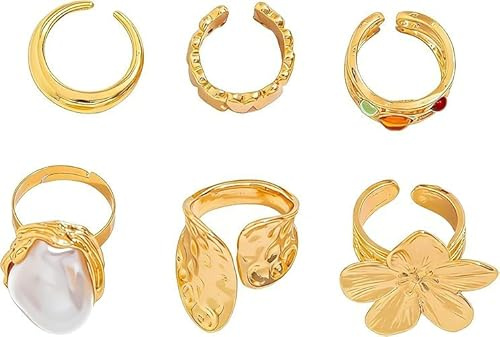 Yamobi 6 pièces ensemble de bagues dorées, résistant à l'eau, idéal pour femmes, avec fleurs, perles et cristaux, ensemble de bagues empilables à la mode pour toutes les occasions