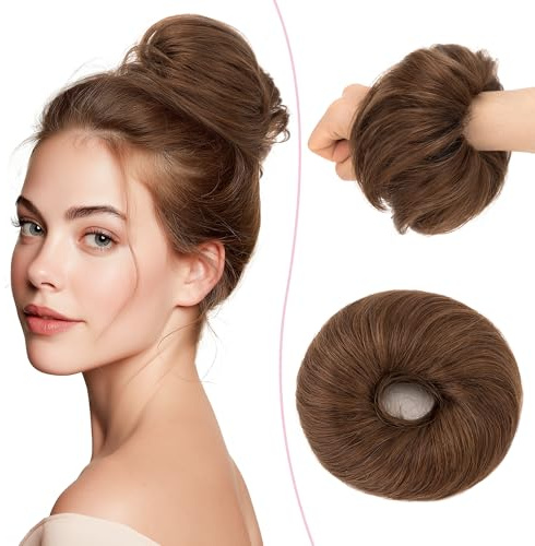 SEGO Pro Chignon Postiche Cheveux Naturel Humain Postiches Donut Chignon Chouchou Faux Chignon Elastique pour Femmes Fille Raides #4 Marron Moyen (25g)
