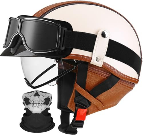 Retro Alemán Estilo Moto Casco ECE/Dot Homologado Moto Jet Medio Casco con Visera, Retro, De Media Cara, para Casco para Scooter De Verano, Motocicleta para Hombres Y Mujere