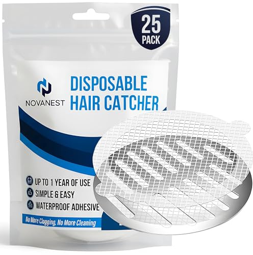 NOVANEST Pack 25 Filtros Atrapa Pelos Ducha Desechables | Rejilla Desague Ducha Autoadhesiva | Filtro Desague Ducha Antiatascos | Rejilla Ducha Antipelos Fácil de Colocar y Retirar