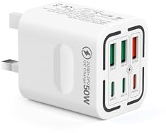 USB C Plug Fast Charge, 50W 6-Port Multi USB Charger Plug UK, 30W PD/PPS + 20W QC Power Adapter, Mains Type C Charging Plug for iPhone 17 16 15 14 13 12 11 Pro Max, iPad, Samsung Galaxy