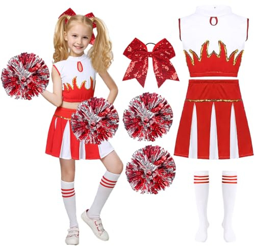 GTJEOI Deguisement Pompom Girl Enfant, Uniforme de Pompom Girl Fille avec Pompoms, Couvre-chefs et Chaussettes, Costume Cheerleader Filles Enfant pour Carnaval Cosplay Mascarade(Rouge, 150)
