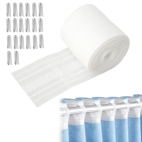 Cinta de cortina para coser, color blanco, 6 m + 3 m + 5 m, juego de cinta fruncidora de 8,5 cm para cortinas, incluye 20 ganchos galvanizados para facilitar su colocación
