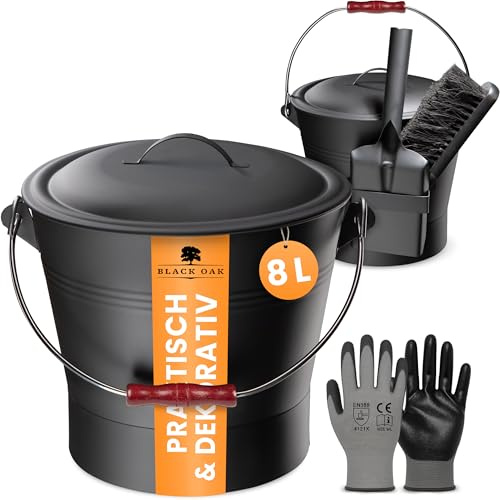 BLACK OAK LANIN - Secchio per cenere, 8 l, nero con coperchio e manico in legno scuro + spazzola, pala e guanti, 8 l, in acciaio zincato e verniciato a polvere, per pellet di carbone di cenere