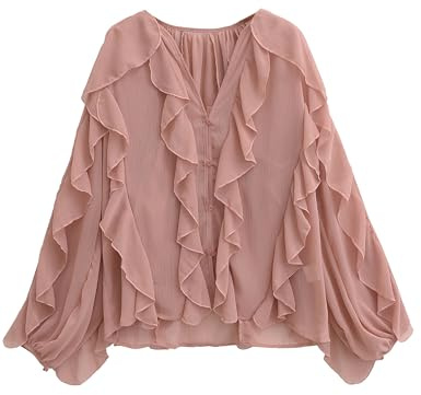 HangNiFang Ruffled Multi-Layered Summer Blouse for Women Trendy Semi See Through V-Neck Long Sleeve Button Chiffon Shirt Tops(1269-DarkPink-M)