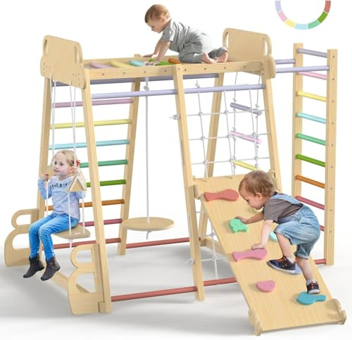 SPYLAVE Maxi estructura de escalada para interiores a partir de 1 año, grande multifuncional 10 en 1 parque infantil para niños, estructura de escalada Montessori de madera con columpio, tobogán