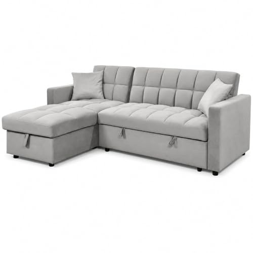 IBERA HOME Sofá Cama Chaise Longue 3 Plazas Kris con Arcón y Almacenamiento, Cheslong Reversible, Sistema de Arrastre, Tapizado Terciopelo Gris, Armazón Pino Macizo, 210 x 145 cm