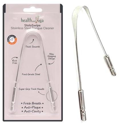 HealthAndYoga(TM) SteloSwipe Tongue Cleaner Scraper - Hygienic Seal-Pack - Surgical Grade Stainless Steel, Non-Synthetic Grip - Sterilizable Metal Tongue Scraper for Adults (Single)