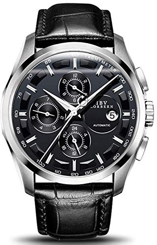 MASTOP Swiss Brands Men's Automatic Self-Wind Watch Stainless Steel and with Brown Genuine Leather Band (Silver Black)