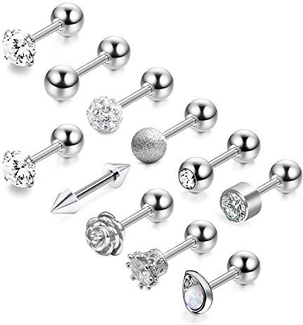 VFUN 16G Chirurgenstahl Knorpel Ohr Piercing für Damen Herren CZ Opal Kugel Tragus Helix Piercing Stud Ohrstecker Schmuck Stab 6MM 11 Stück - Silber