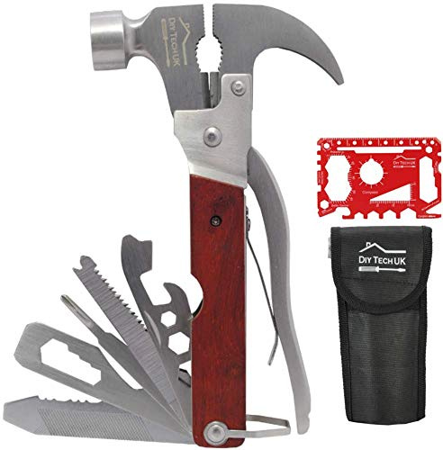 DIY TECH UK - 23 in 1 Multitools for Men - Hammer Multi Tool Camping and Survival - Pliers, Screwdrivers, Bottle Opener, Saws, File, Spanners - Wooden Handle + Free 48 in 1 Credit Card Gadget + Pouch
