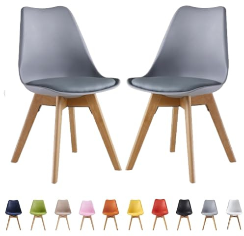 Single Set of 2/4/6 Retro Modern Dining Chairs – Lorenzo Plastic Chairs with Cushioned Pad Seat & Solid Beech Wooden Legs - Side Chair for Living Room Kitchen Office Lounge (Grey, Pack of 2)
