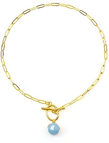 COAI Collar de Acero Inoxidable con Colgante Perla Esfera de Aguamarina Piedra Natural