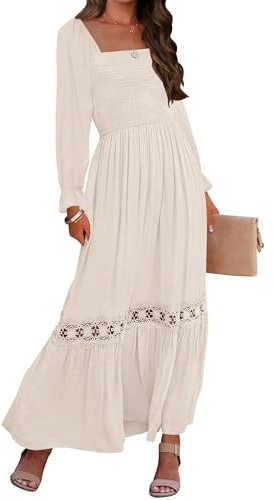 ZESICA Women's 2025 Boho Long Sleeve Square Neck Smocked High Waist Flowy A Line Lace Trim Maxi Dress Apricot M