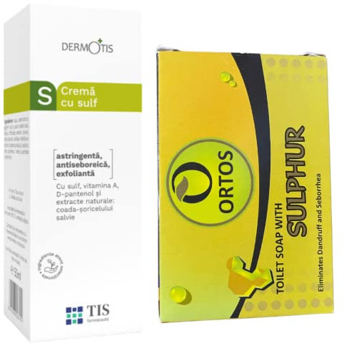 Set Schwefelsalbe-Creme - Ideal für Akne, fettige Haut, Anti-Pickel, Mitesser, Dermatitis, Seborrhoische Hautpflege - 50g + Schwefel-Seife, Entfernt Talg und Schuppen, Körper, Gesicht und Haare - 100g