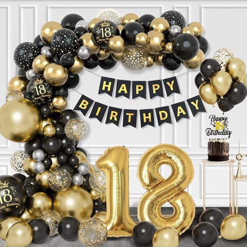Dargds Deko 18. Geburtstag Junge Mädchen,18 Geburtstag Deko Mädchen Schwarzes Gold,Geburtstagsdeko 18 mit Luftballons 18. Geburtstag, Konfetti Luftballons Schwarzes Gold,Happy Birthday Girlande