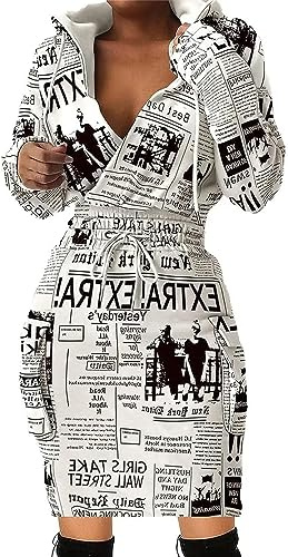 BIRW Womens Bodycon Sweatshirt Dress Slim Casual Long Sleeve High Waist Drawstring Pullover Hoodie Dress with Pockets, White Newspaper Print, XXL
