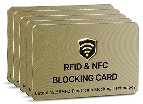 SaiTech IT Tarjeta de bloqueo RFID, una tarjeta protege toda la cartera, NFC sin contacto, tarjeta de débito bancario, tarjeta de crédito, bloqueador de tarjetas de identificación ATM, Dorado, 5 Pcs