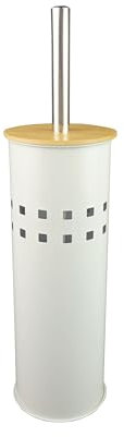 Scopino WC con contenitore in acciaio e coperchio in bambù - Scovolino bagno, spazzolone bagno wc, scopettone bagno con Manico ergonomico e spazzola wc di alta qualità cm 9x38 cm colore bianco
