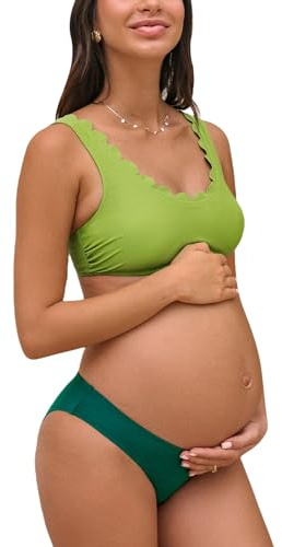 CUPSHE Costume da bagno premaman da donna Set Bikini Scollo a U Bordo Ondulato Vita Bassa Bikini Costume da Bagno Intero Premaman, S