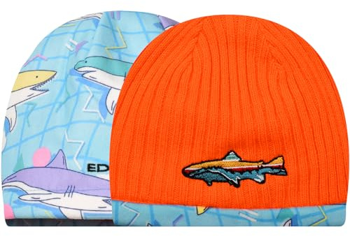 EDTREK Kids Reversible Tech Beanie Hat - Boys Girls Windproof Fleece Winter Hat Country Beanie (Orange with Fish Prints)