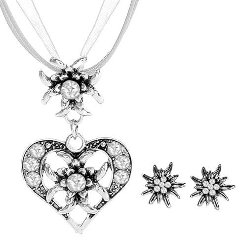 JENCVNL Bigiotteria tradizionale da donna, gioielli per dirndl bavarese dell'Oktoberfest, collana tradizionale con strass, stella alpina, ciondolo a forma di cuore, orecchini da donna (Bianco)
