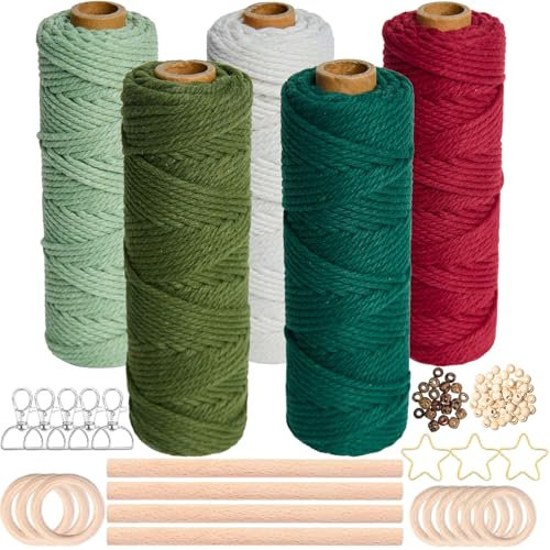 Sonekin Makramee Garn,5 Stück Makramee Garn 3mm,Makramee Set,Inklusive Holzperlen,Holzstäben,Holzringen,Sternen,Schlüsselanhängern,Geeignet für Wanddekorationen,Hängekörbe,DIY-Basteln (Grün)
