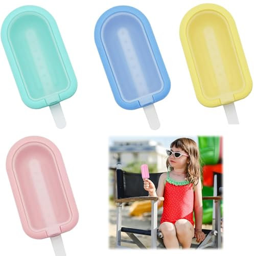 Ice Lolly Moulds with Sticks, 4-Piece Silicone Ice Cream Moulds Set, Reusable Ice Pop Moulds for Homemade Desserts, Vibrant Colors (Pink, Green, Yellow, Blue), 3.74 * 2.13in