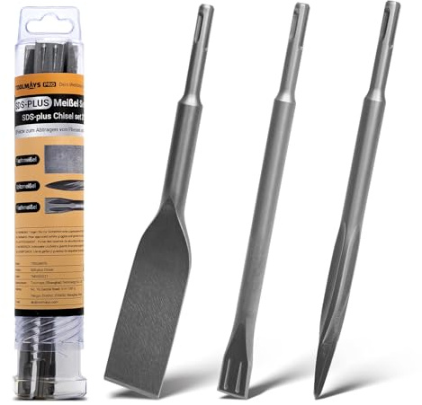 TOOLMAYS SDS-plus Set di scalpelli | 3 pezzi SDS scalpello con scalpello piatto, scalpello per piastrelle e scalpello a punta | 250 mm di lunghezza