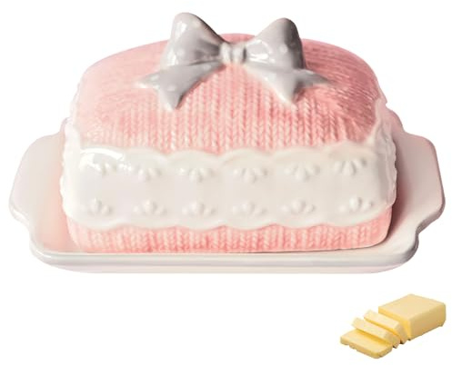 Mantequera de cerámica, mantequera de porcelana, 19 cm, gran mantequera con tapa, lazo rosa, caja de mantequilla, apto para lavavajillas, caja de mantequilla, bandeja para el hogar, cocina, encimera