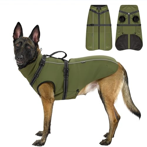 OneTigris Hundejacke, Wasserdichter Winterweste Jacken Hundemantel Mit Bediengriff, Bequeme Ausscheidung, Reißverschluss und Elastisches Design, Einfaches An-und Ausziehen, Reflektierend,M,Armeegrün