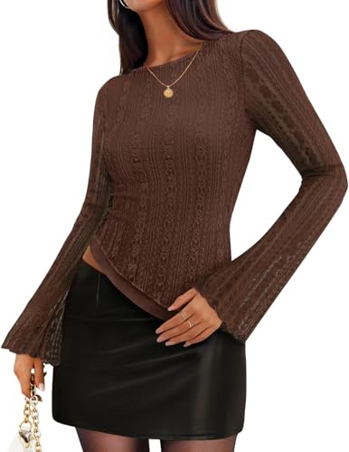 ZESICA Womens 2026 Spring Summer Lace Mesh Sleeve Tops Going Out Double Lined Slim Fit Asymmetrical Shirts Date Night Outfit,Brown,Medium
