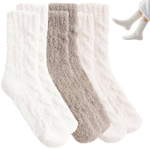 PSFXBM 3 Pairs Fluffy Socks for Women, Fluffy Womens Socks, Cozy Winter Socks, Fluffy Socks Womens for Valentines Mother’s Day Birthday Gifts (White, Beige, and Brown)