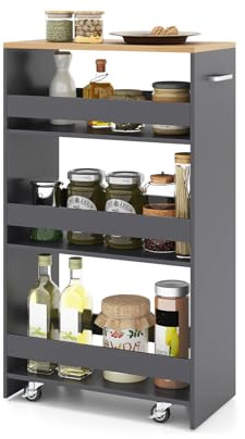 KOMFOTTEU Carrito de Cocina Estrecho, Carro Auxiliar de 4 Niveles con 4 Ruedas Universales, Carro Organizador con Asa, Ahorro de Espacio, 47,5 x 25/30 x 80,5 cm (Gris y Natural, 25 cm)