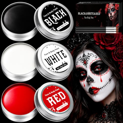 Maquillaje Halloween Negro Blanco Rojo Pintura Cara Halloween Makeup | 90g Pintura Facial para Disfraces, Cosplay, Carnaval, Fiestas Temáticas, Teatro, Fotos y Caracterización para Adultos