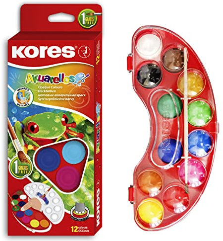 Kores - Watercolour Paint Set - Akuarellos Mixing Palette and Paint Brush - Washable and Non-Toxic, School and Art Supplies - Watercolour Paints - Set of 12 Colours, Pack of 1