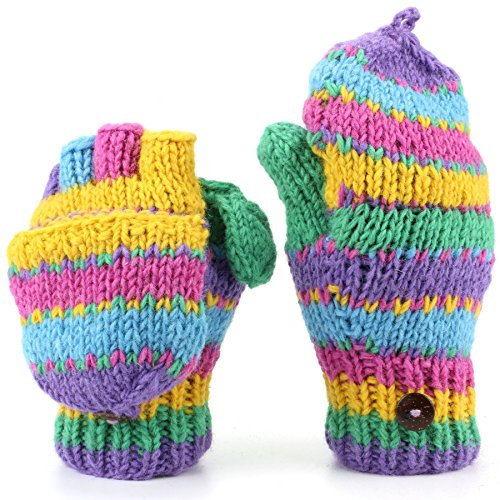 LOUDelephant Wool knit Fingerless Shooter gloves with fleece lining - Stripey (Lilac, pink & yellow)
