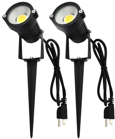 J.LUMI GSS6005 Plug in Spotlight Outdoor, 5W LED Landscape Spotlight 120V, 3000K Warm White, Metal Construction with Ground Stake, 3ft Cord and Plug, Black (Pack of 2)