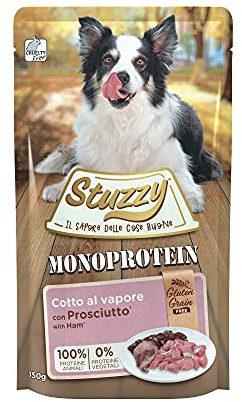 Stuzzy, Monoprotein Grain & Gluten Free, Cibo Umido per Cani Adulti al Gusto Prosciutto Preparato in Patè - Totale 1,8Kg (12 Buste da 150G)